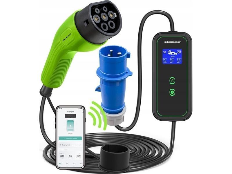 Qoltec Mobile Ev Charger With Adjustable 2-In-1 Type2 | 7Kw | 230V | Cee 3 Pin | Wi-Fi| Lcd | Portable | Wallbox | 5M